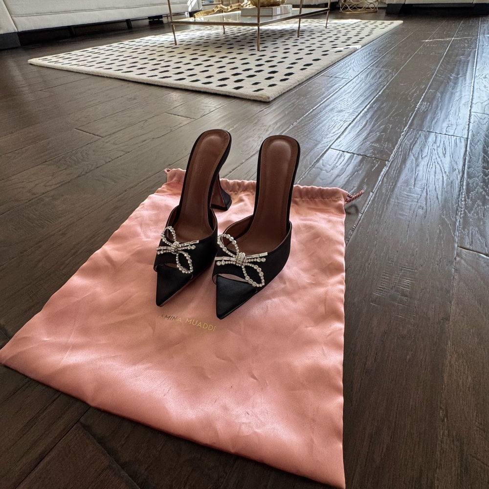Amina Muaddi Rosie Embellished Bow Satin Pedestal Sandals